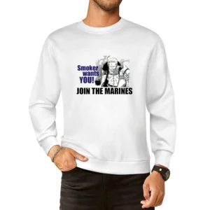 Funny Smoker wants you join marines One Piece white hunter anime manga European Size Pullover Sweater