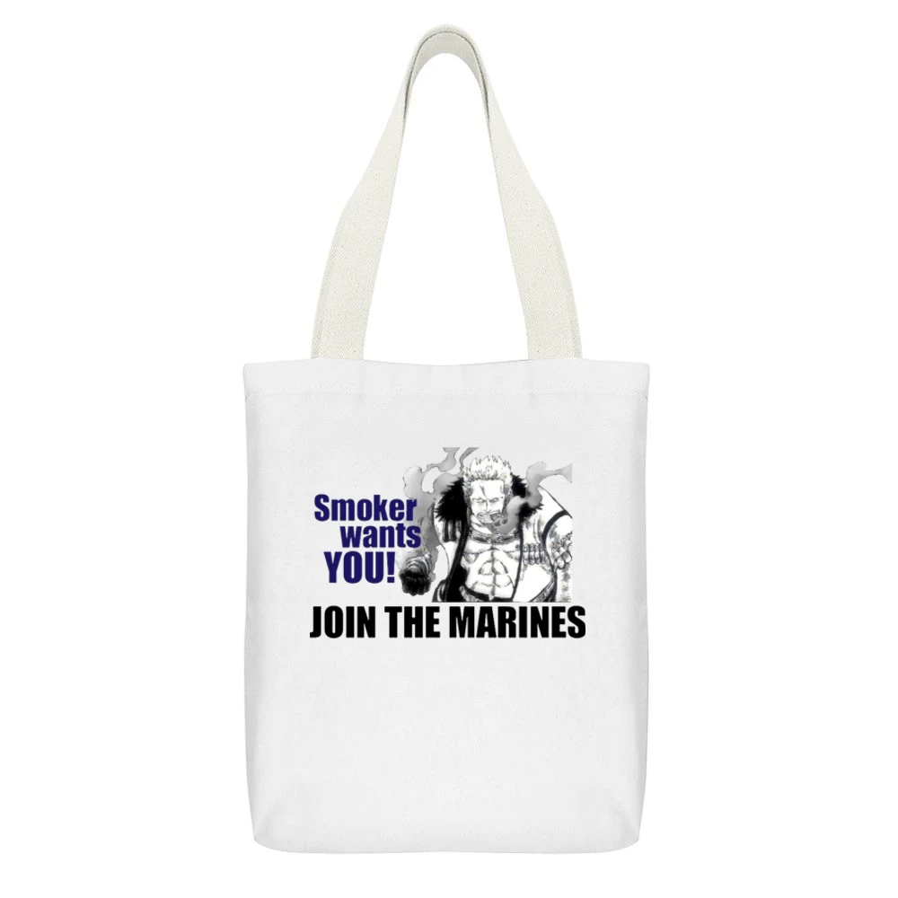 Funny Smoker wants you join marines One Piece white hunter anime manga White Canvas Tote Shopping Bag With Interior Pocket