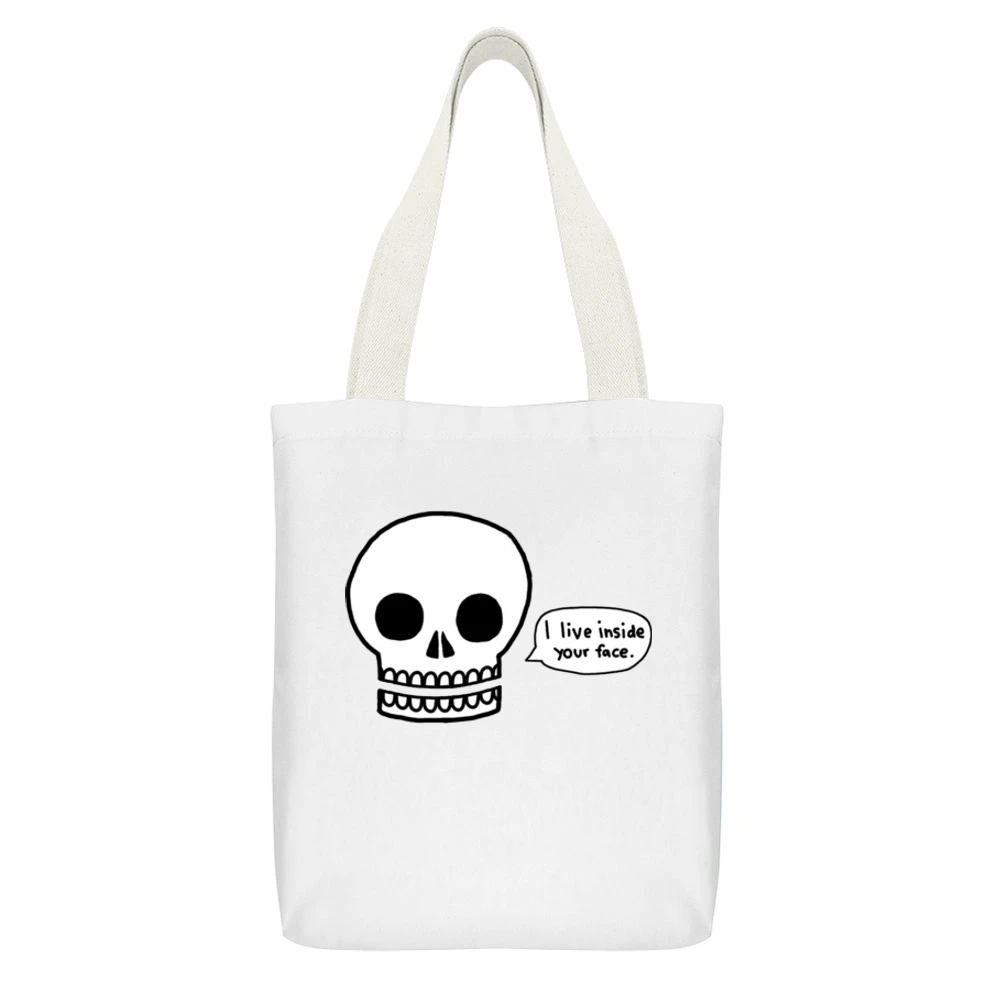 Funny humor skull i live inside your face White Canvas Tote Shopping Bag With Interior Pocket