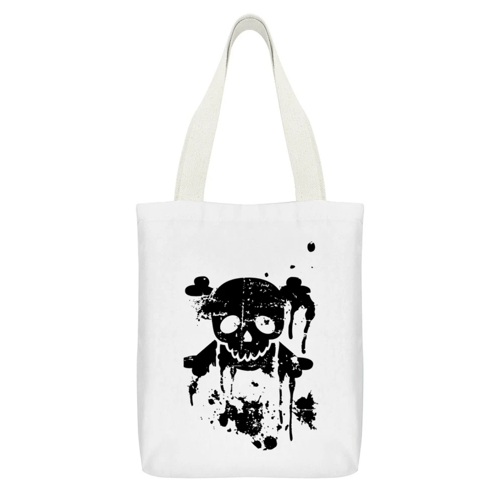 Gangster Skull With Crossed guns Pistols White Canvas Tote Shopping Bag With Interior Pocket