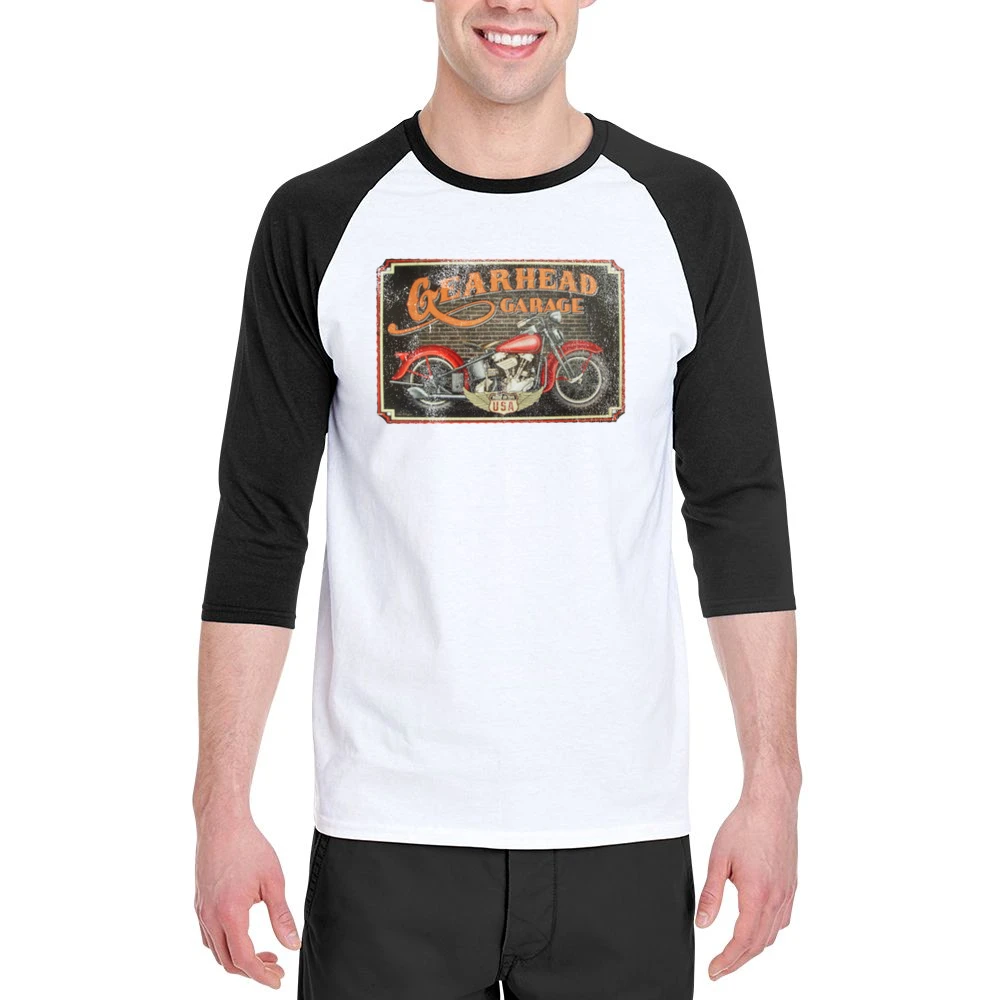 Gearhead Garage Vintage USA Motorcycle Distressed Graphic Men 3/4 Sleeve T-Shirt