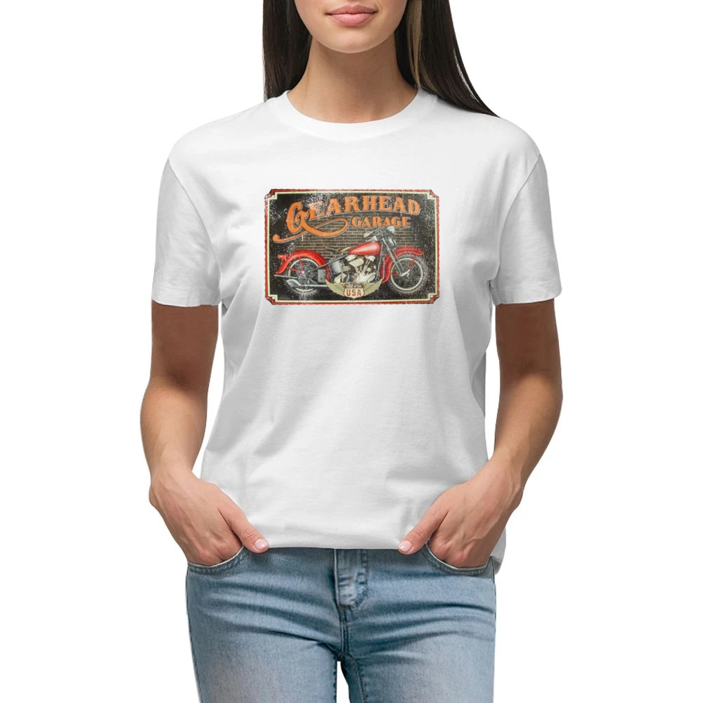 Gearhead Garage Vintage USA Motorcycle Distressed Graphic Premium Women Ladies T-shirt