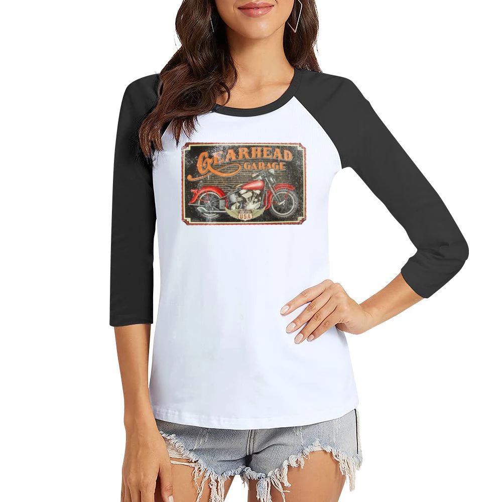 Gearhead Garage Vintage USA Motorcycle Distressed Graphic Women Ladies 3-4 Sleeve T-Shirt