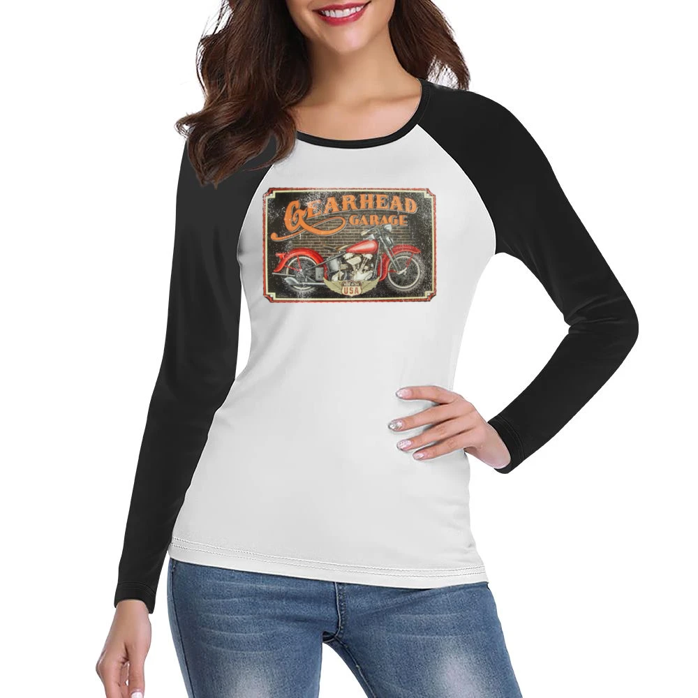 Gearhead Garage Vintage USA Motorcycle Distressed Graphic Women Ladies Long Sleeve T-Shirt