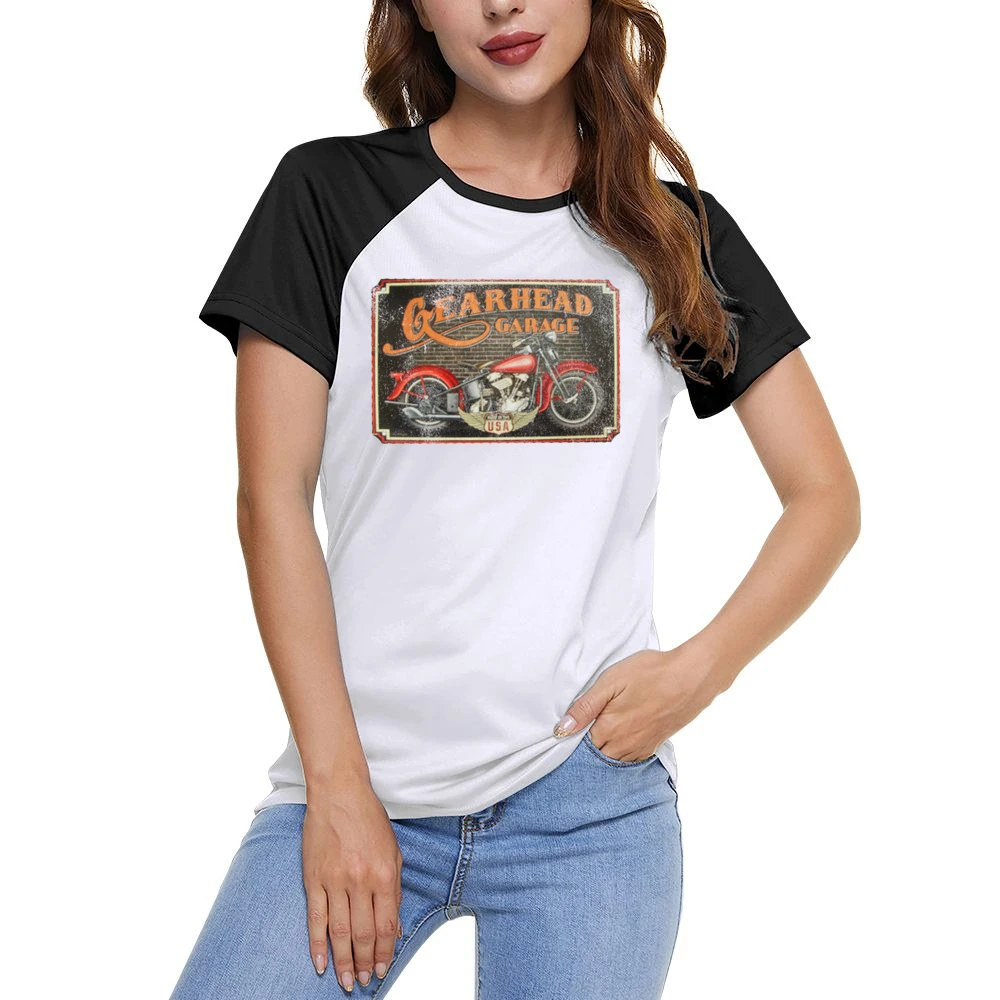 Gearhead Garage Vintage USA Motorcycle Distressed Graphic Women Ladies Short Sleeve T-Shirt