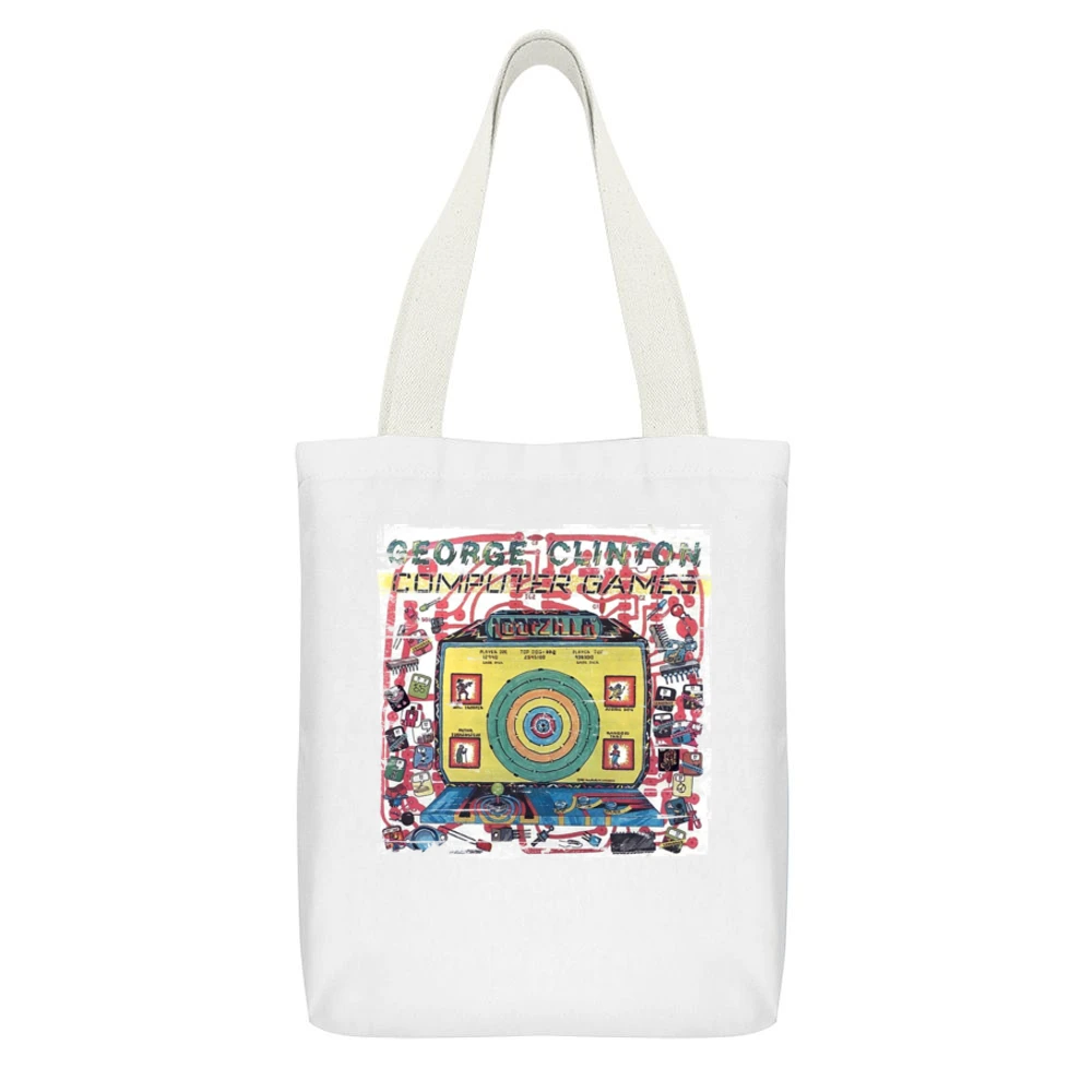 George Clinton Computer Games Album Cover Distressed Image White Canvas Tote Shopping Bag With Interior Pocket