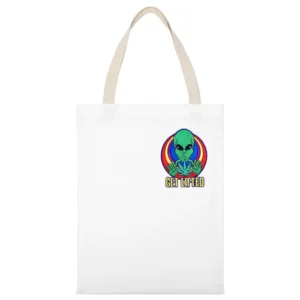 Get Lifted Fun Alien Pot Weed Graphic Tee Shirt White Canvas Tote Shopping Bag