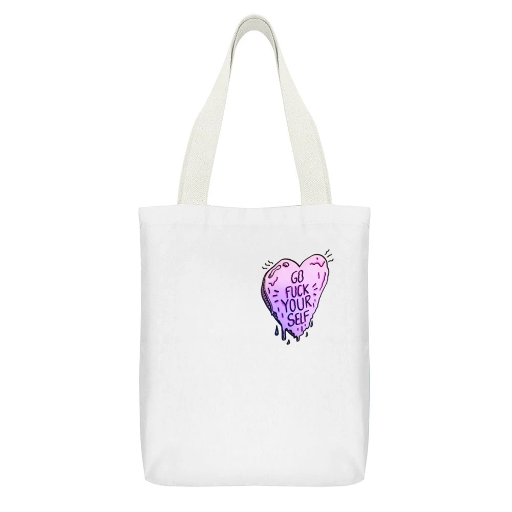 Go Fuck Your Self Heart Fun Popular Graphic Tee Shirt White Canvas Tote Shopping Bag With Interior Pocket