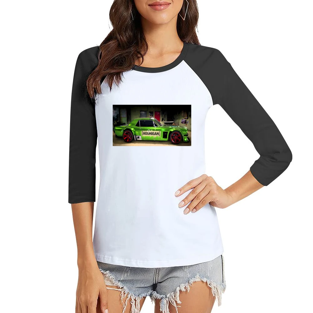 Green Mustang Tshirt Women Ladies 3-4 Sleeve T-Shirt
