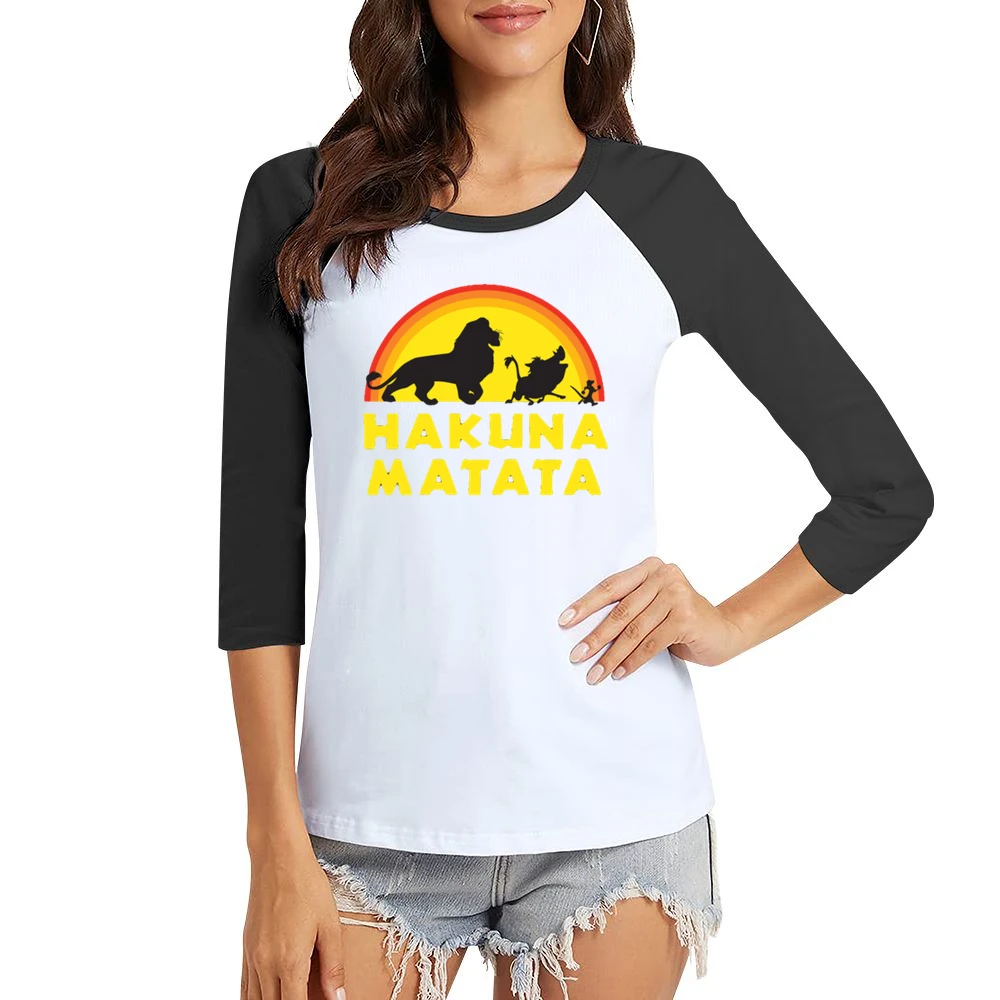 Hakuna Matata No Worries Fun Lion King Simba Graphic Women Ladies 3-4 Sleeve T-Shirt