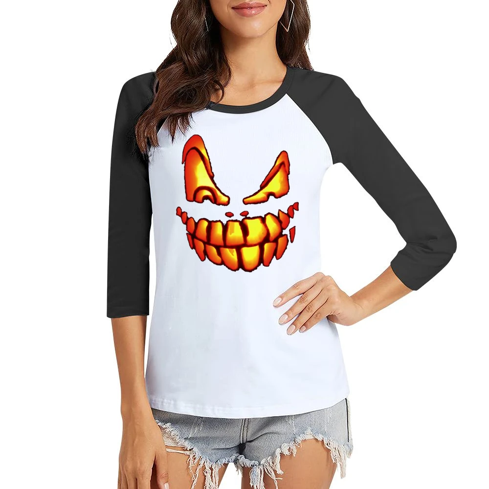 Hallowen Pumpkin smiley Women Ladies 3-4 Sleeve T-Shirt