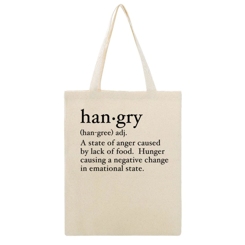 Hangry Definition Hungry Anger Funny Dictionary Graphic Tee Shirt Beige Canvas Tote Shopping Bag