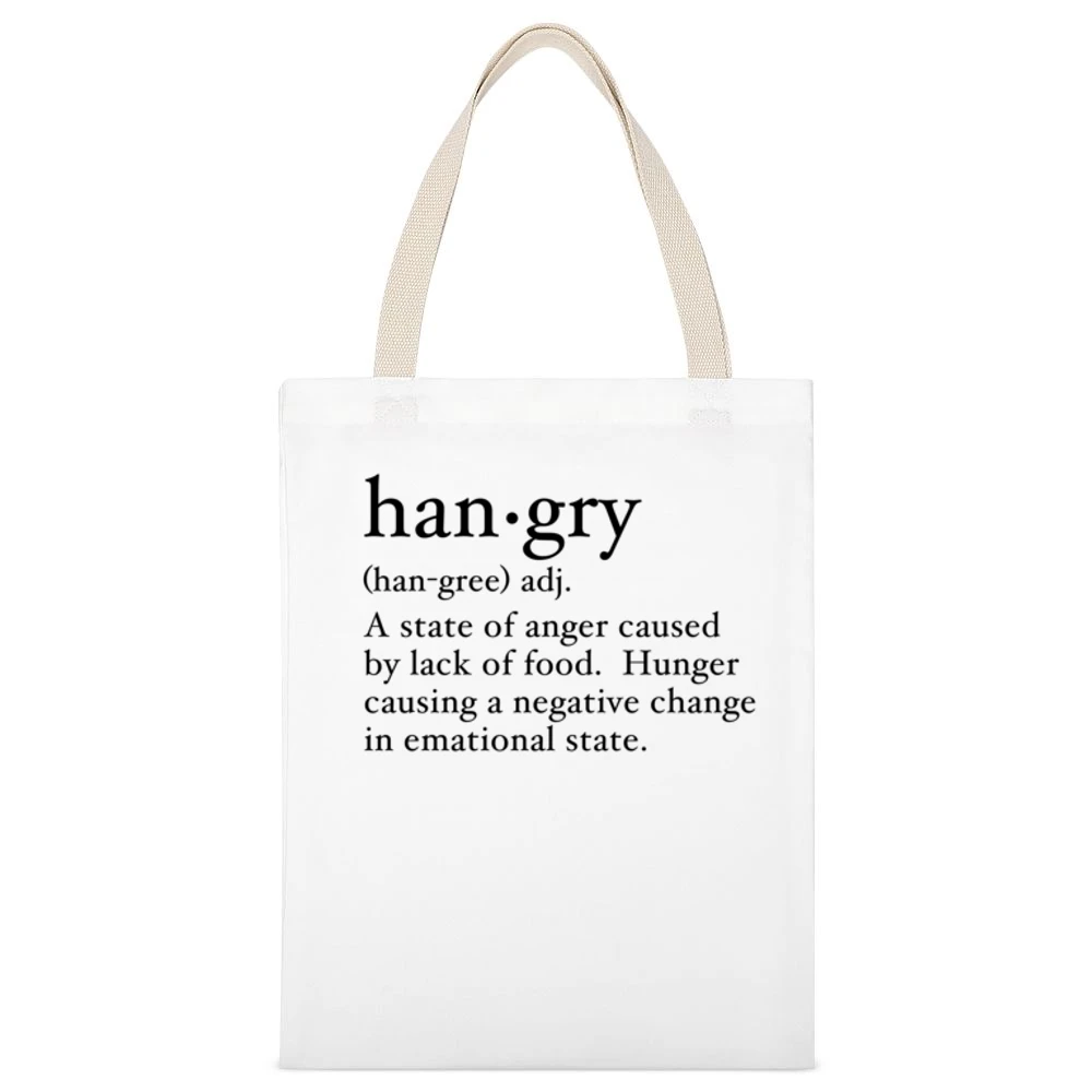 Hangry Definition Hungry Anger Funny Dictionary Graphic Tee Shirt White Canvas Tote Shopping Bag