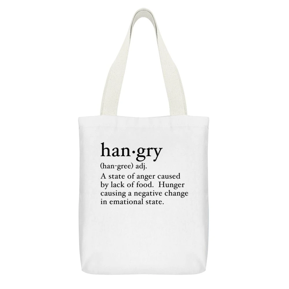 Hangry Definition Hungry Anger Funny Dictionary Graphic Tee Shirt White Canvas Tote Shopping Bag With Interior Pocket
