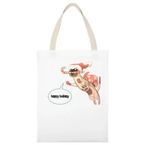 Happy Holiday Cat Cartoon White Canvas Tote Shopping Bag