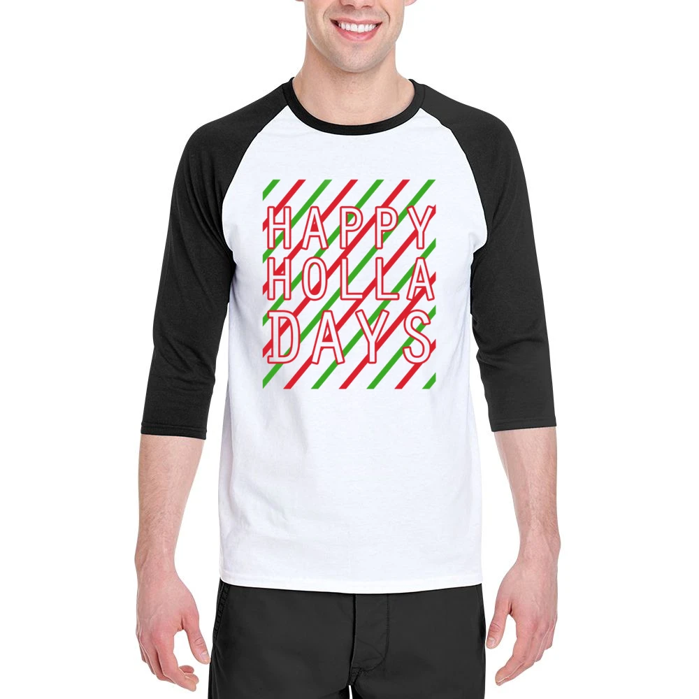Happy Holla Days Funny Holidays Christmas Graphic Tee Shirt Men 3/4 Sleeve T-Shirt