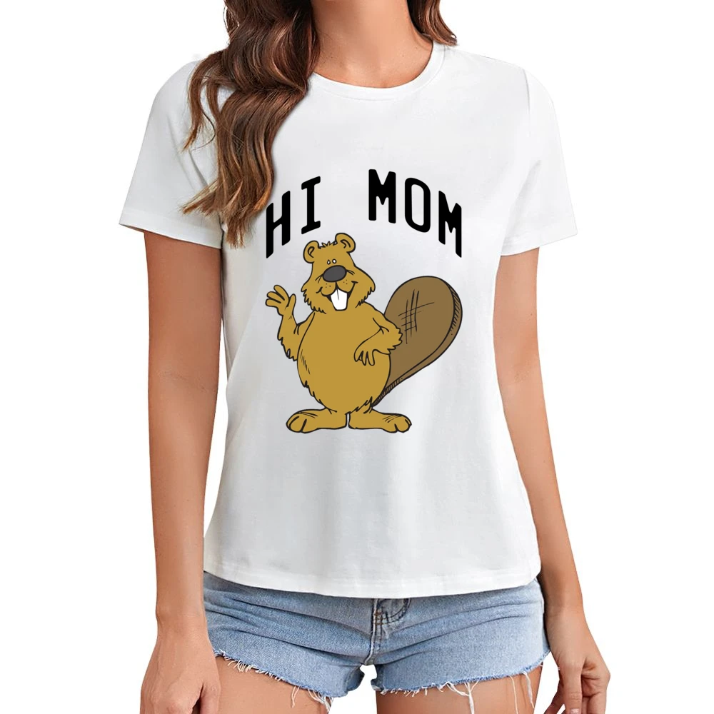 Hi Mom Cute Beaver Fun Animal Graphic Tee Shirt Asian Size Women Ladies T-shirt