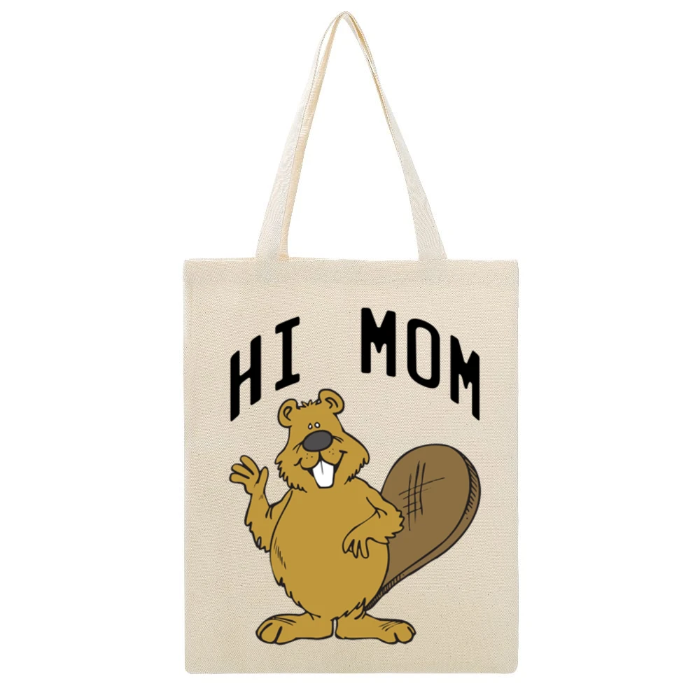 Hi Mom Cute Beaver Fun Animal Graphic Tee Shirt Beige Canvas Tote Shopping Bag