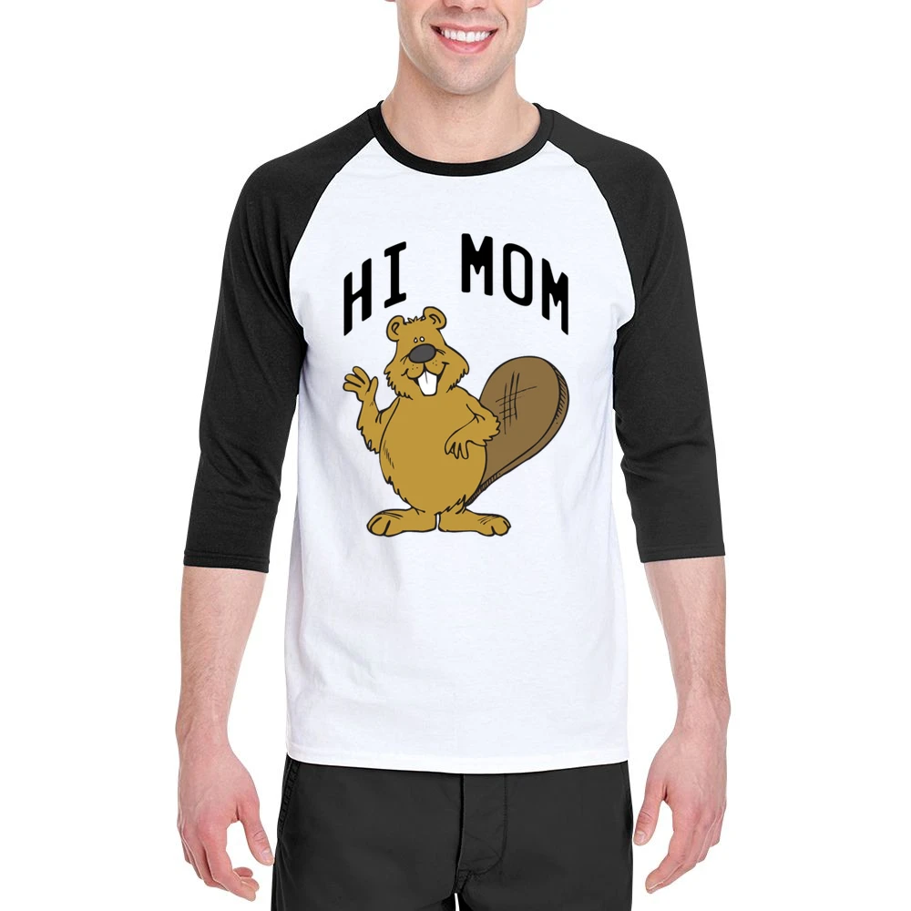 Hi Mom Cute Beaver Fun Animal Graphic Tee Shirt Men 3/4 Sleeve T-Shirt