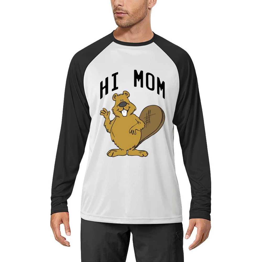 Hi Mom Cute Beaver Fun Animal Graphic Tee Shirt Men Long Sleeve T-Shirt