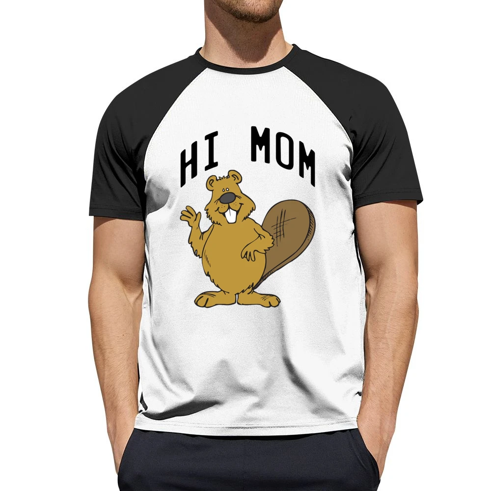 Hi Mom Cute Beaver Fun Animal Graphic Tee Shirt Men Short Sleeve T-Shirt