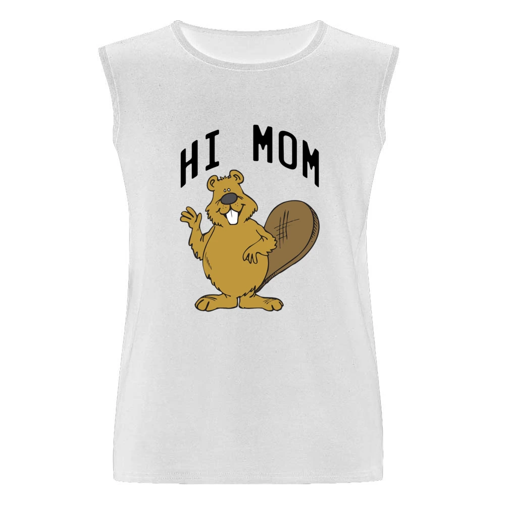 Hi Mom Cute Beaver Fun Animal Graphic Tee Shirt Men Sleeveless T-Shirt