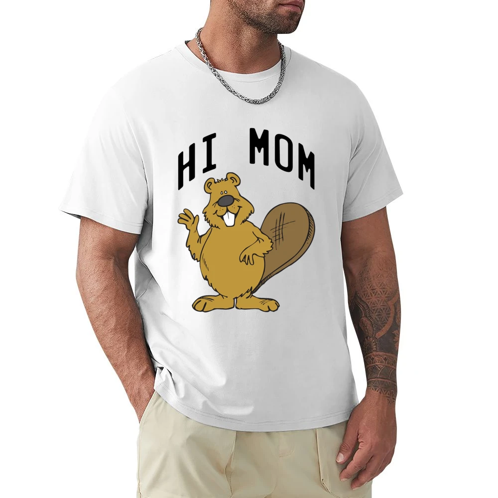 Hi Mom Cute Beaver Fun Animal Graphic Tee Shirt Premium Men T-shirt