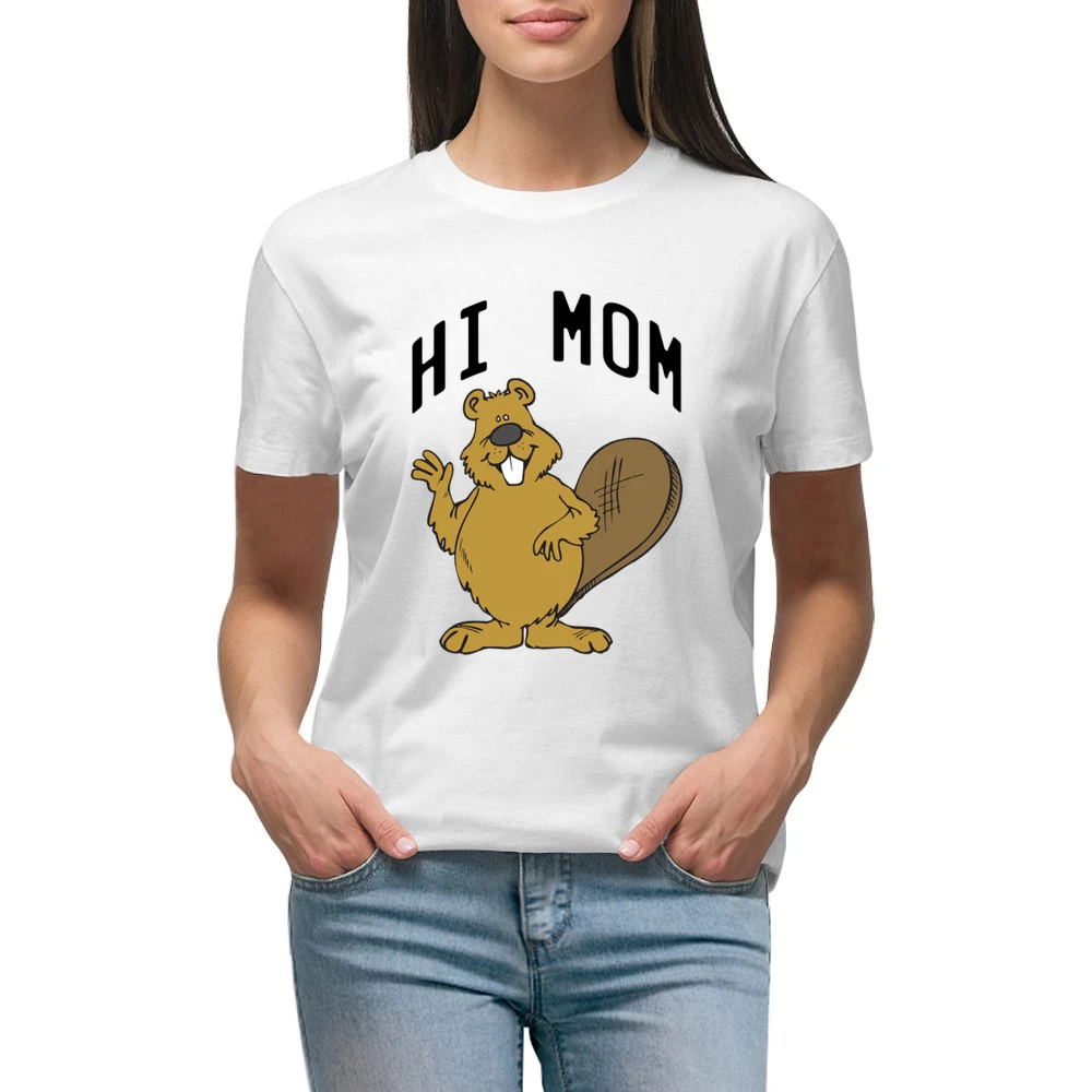 Hi Mom Cute Beaver Fun Animal Graphic Tee Shirt Premium Women Ladies T-shirt