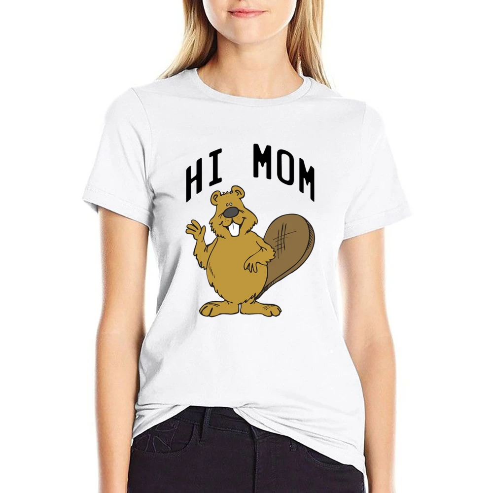 Hi Mom Cute Beaver Fun Animal Graphic Tee Shirt US Size Women Ladies T-shirt