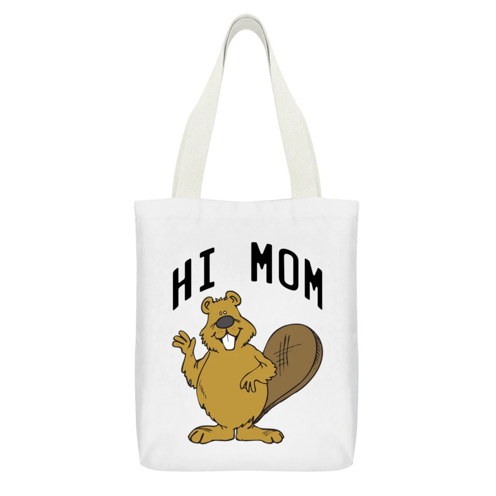 Hi Mom Cute Beaver Fun Animal Graphic Tee Shirt White Canvas Tote Shopping Bag With Interior Pocket