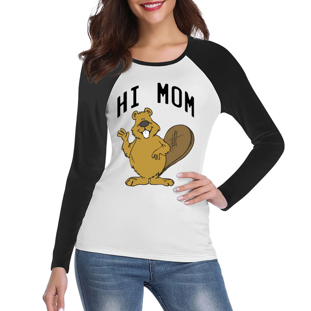 Hi Mom Cute Beaver Fun Animal Graphic Tee Shirt Women Ladies Long Sleeve T-Shirt
