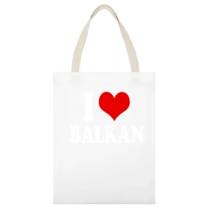 I Love Balkan Fun Heart Graphic Tee Shirt White Canvas Tote Shopping Bag
