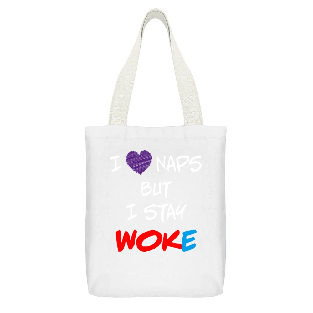 I Love Naps But I Stay Woke Women's March On Washington 2017 Funny T S White Canvas Tote Shopping Bag With Interior Pocket