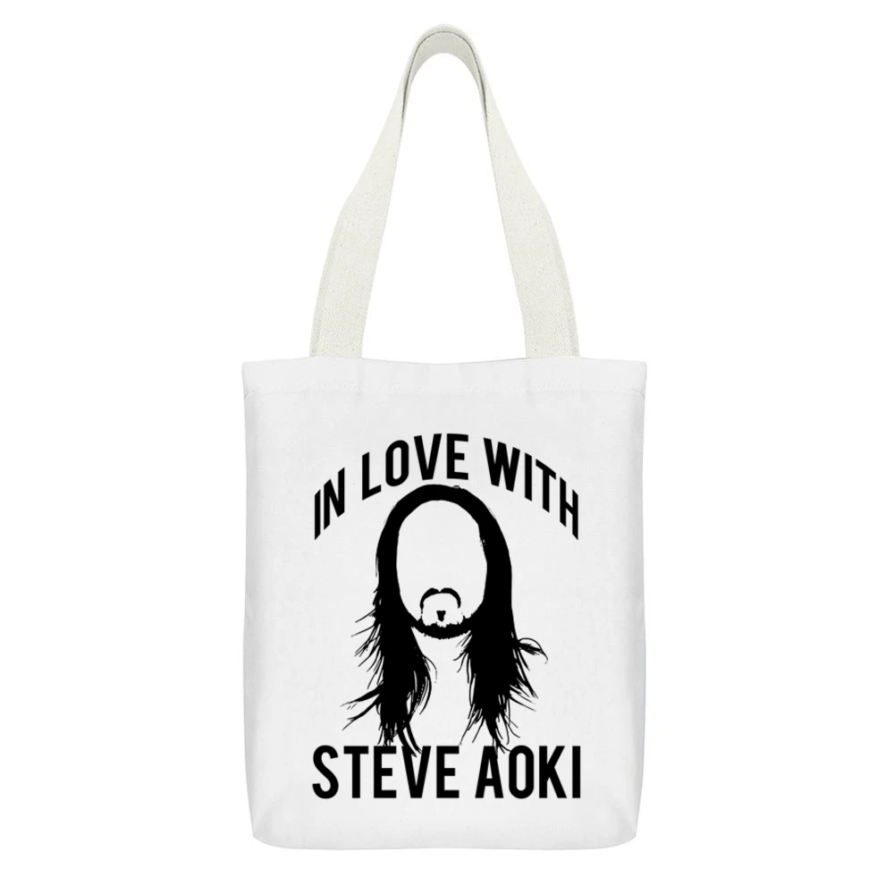 In Love With Steve Aoki Electronic House Music Producer Graphic T Shir White Canvas Tote Shopping Bag With Interior Pocket