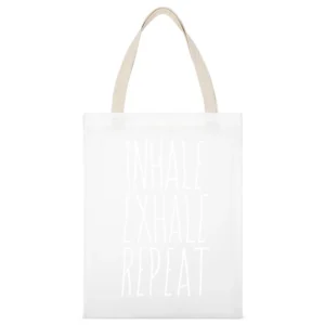 Inhale Exhale Repeat Fun Breathe Graphic Tee Shirt White Canvas Tote Shopping Bag
