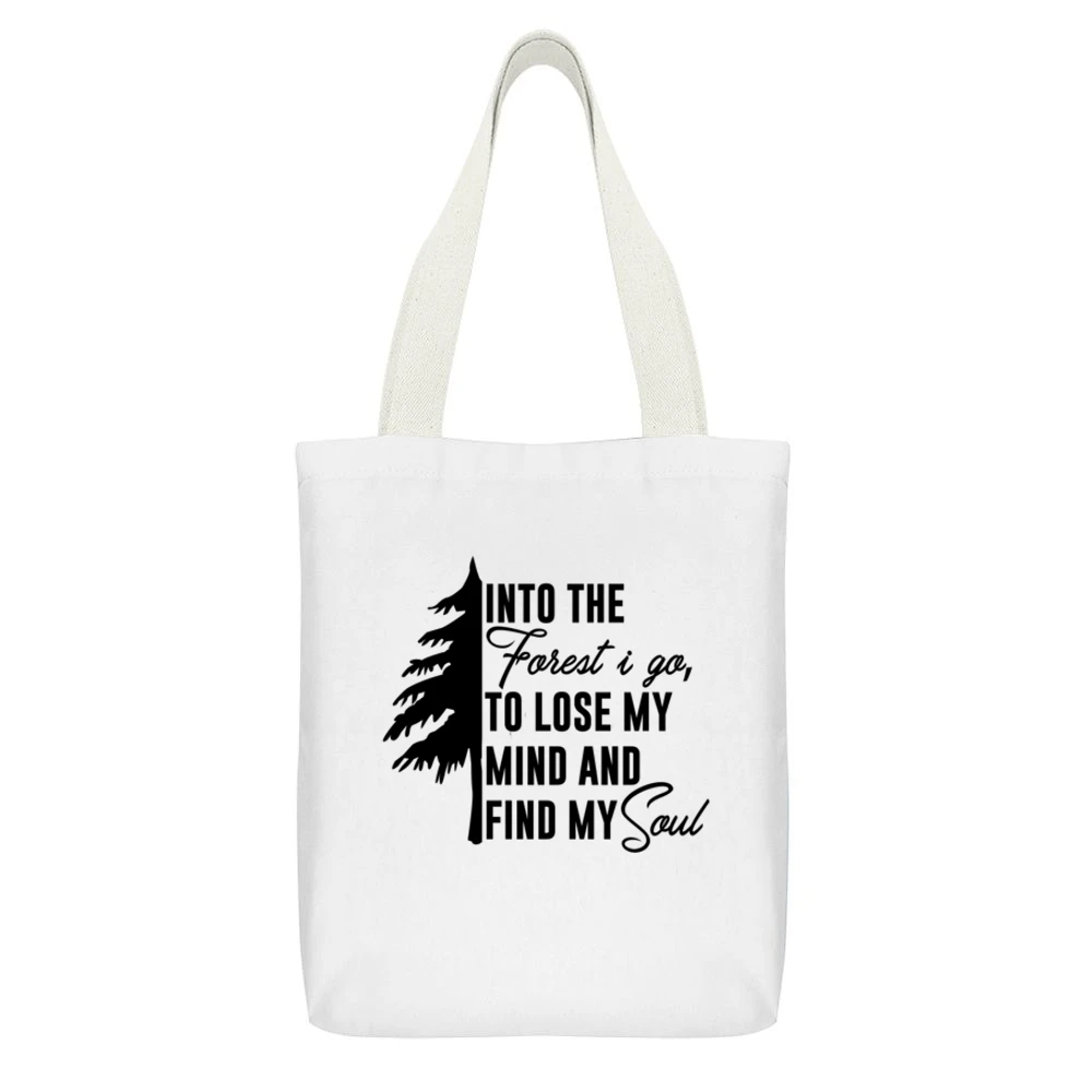 Into The Forest I Go Fun Graphic Travel Adventure White Canvas Tote Shopping Bag With Interior Pocket