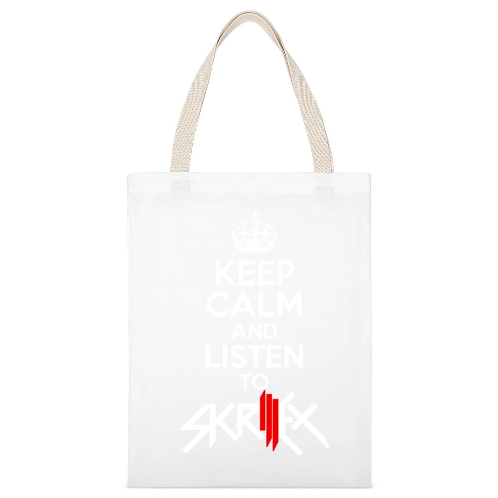 Keep Calm And Listen To Skrillex Fun EDM Music Graphic White Canvas Tote Shopping Bag