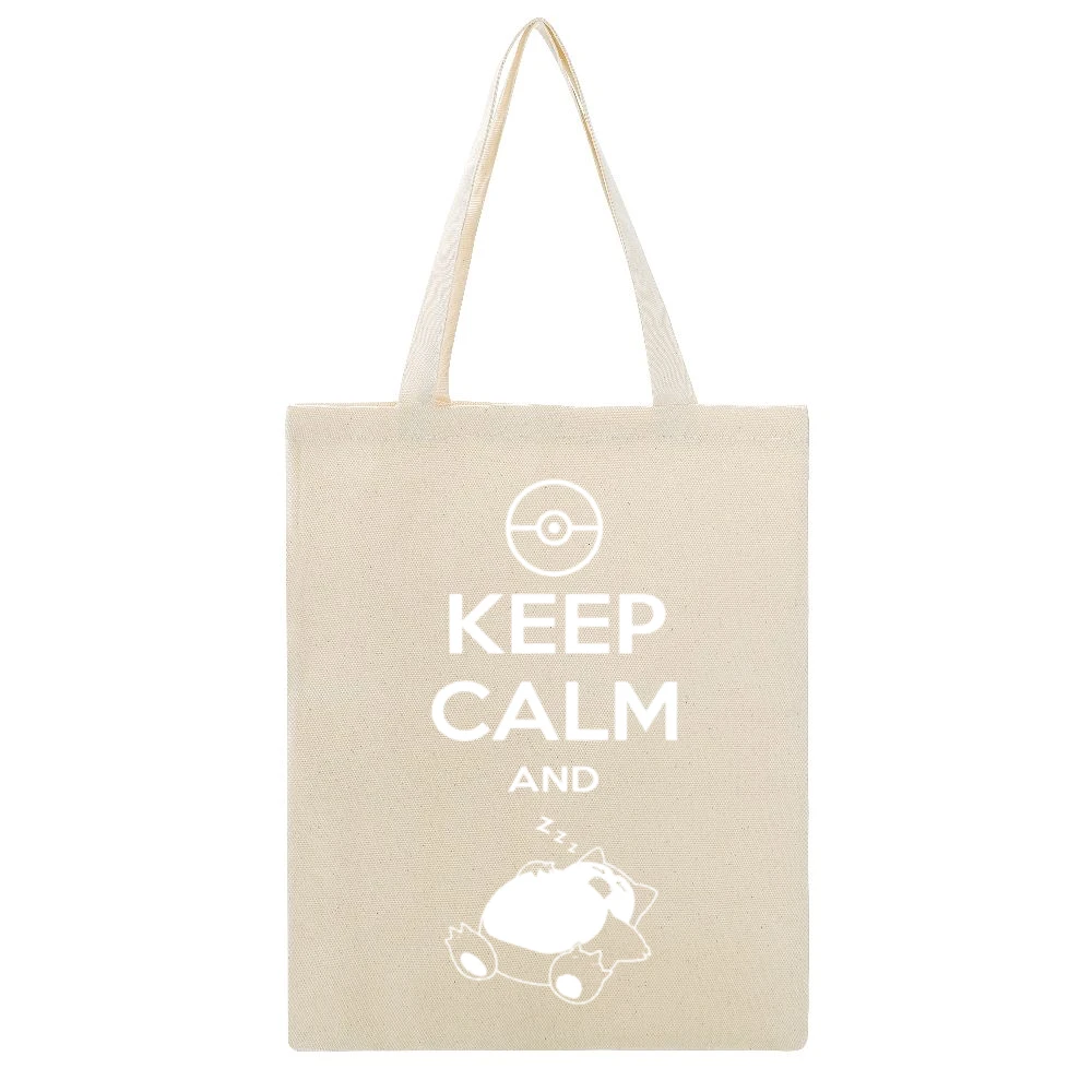 Keep Calm And Snorlax Funny Pokemon Sleeping Graphic Apparel Beige Canvas Tote Shopping Bag