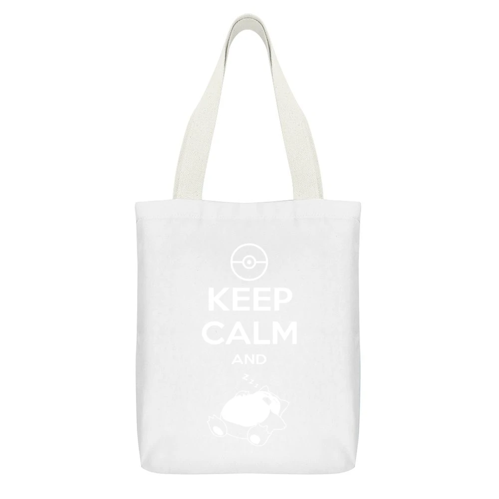 Keep Calm And Snorlax Funny Pokemon Sleeping Graphic Apparel White Canvas Tote Shopping Bag With Interior Pocket