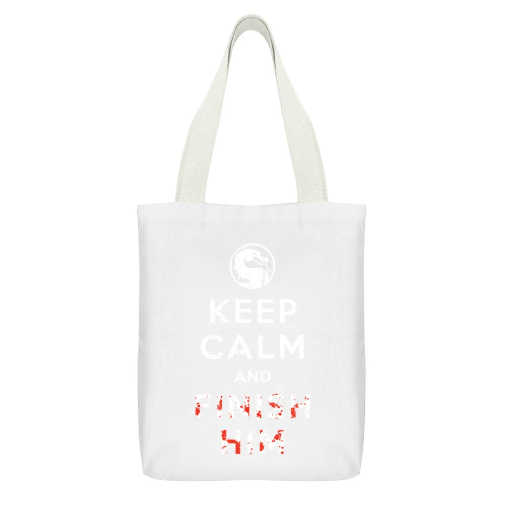 Keep Calm and Finish Him Mortal Kombat Funny Video Game White Canvas Tote Shopping Bag With Interior Pocket