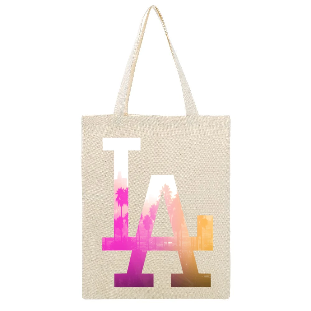 LA Los Angeles Palm Trees Fun Graphic Tee Shirt Beige Canvas Tote Shopping Bag