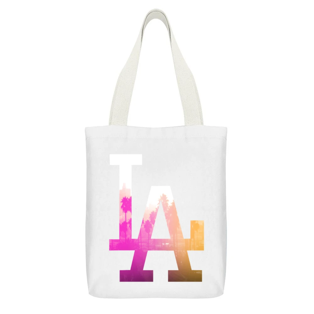 LA Los Angeles Palm Trees Fun Graphic Tee Shirt White Canvas Tote Shopping Bag With Interior Pocket