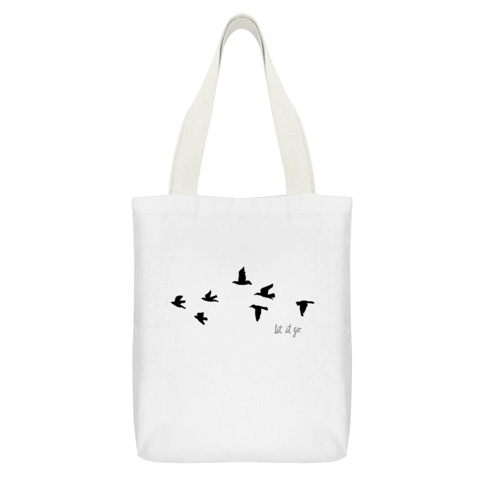 Let It Go Flying Birds Popular Tee Shirt White Canvas Tote Shopping Bag With Interior Pocket