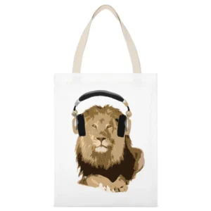 Lion King Wearing Headphones Music Lover Graphic White Canvas Tote Shopping Bag