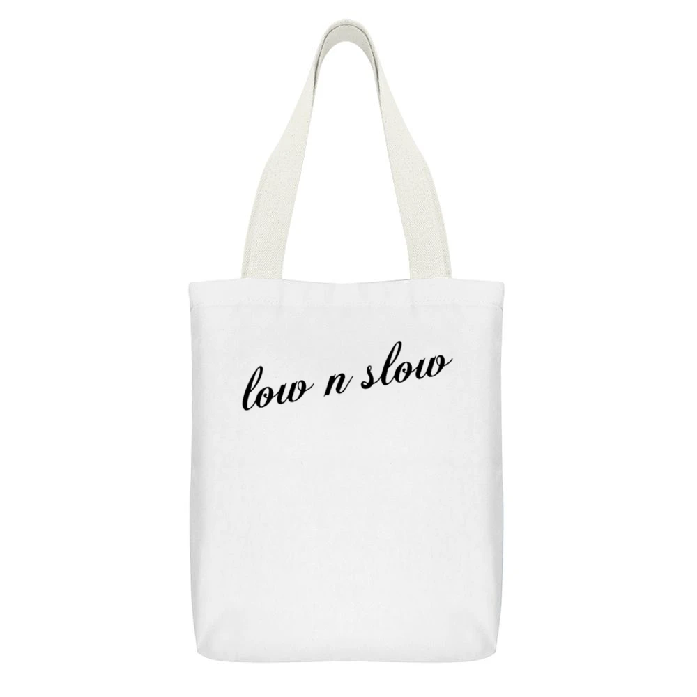 Low N Slow Custom Lowered Car JDM White Canvas Tote Shopping Bag With Interior Pocket