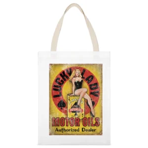 Lucky Lady Vintage Motor Oils Authorized Dealer Fun Distressed Car Lov White Canvas Tote Shopping Bag