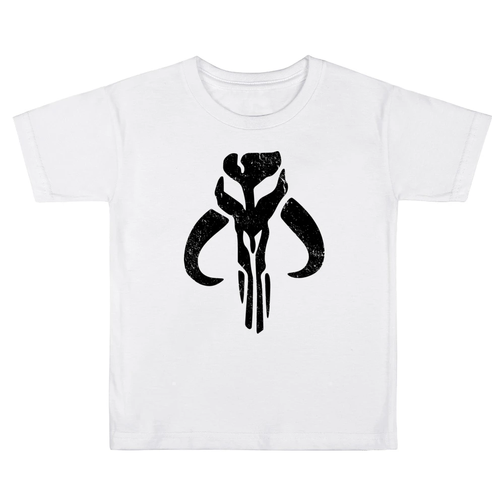 Mandalorian Mythosaur Skull Black Symbol Star Wars Distressed Tv Show Kids Boys Girls T-Shirt