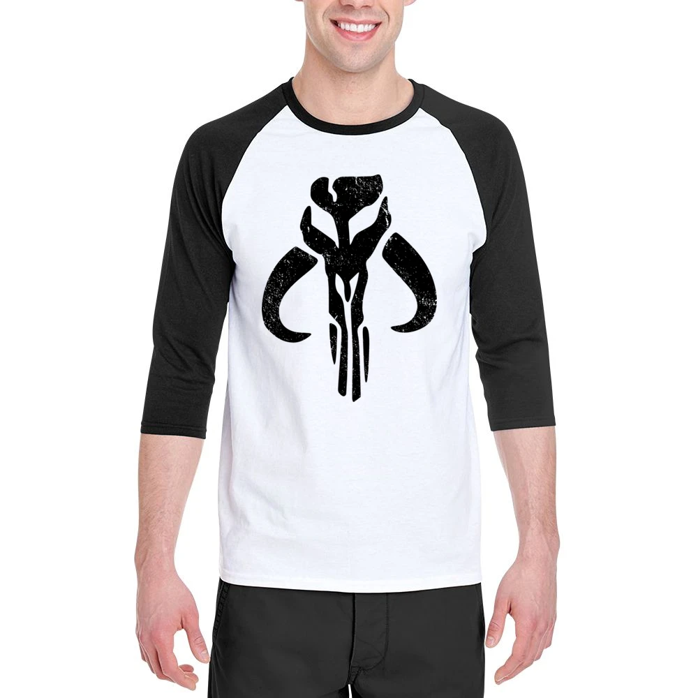 Mandalorian Mythosaur Skull Black Symbol Star Wars Distressed Tv Show Men 3/4 Sleeve T-Shirt