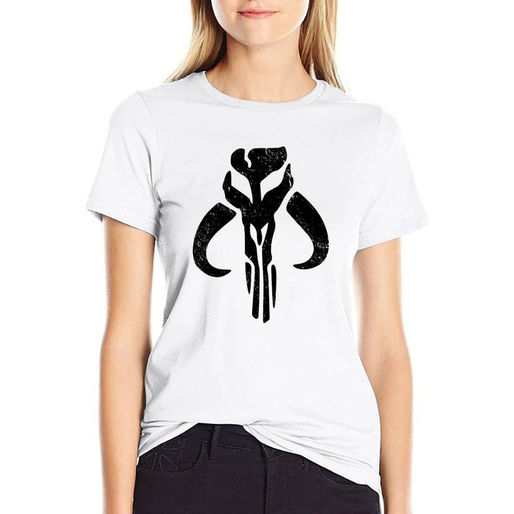 Mandalorian Mythosaur Skull Black Symbol Star Wars Distressed Tv Show US Size Women Ladies T-shirt