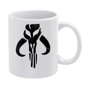 Mandalorian Mythosaur Skull Black Symbol Star Wars Distressed Tv Show White Mug
